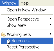 Window->Preferences menu selection