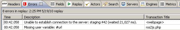 Load Tester showing a connection timeout (dropped packet)