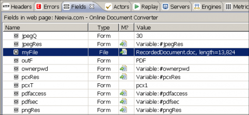 File upload field in Load Tester's Fields View