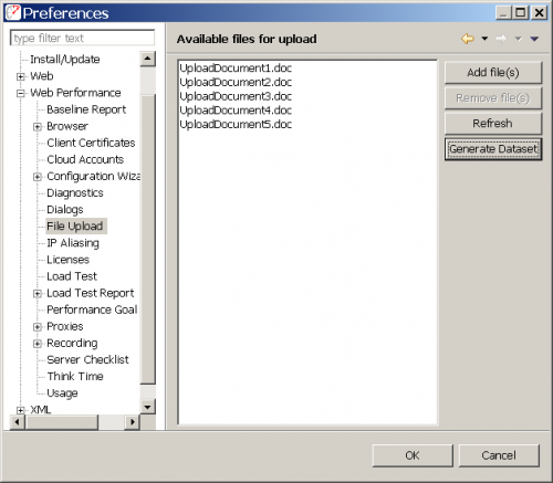 File Upload preferences page in Load Tester