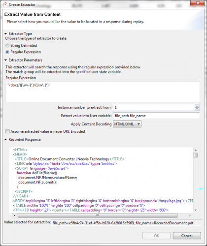 Extractor configuration using a regular expression