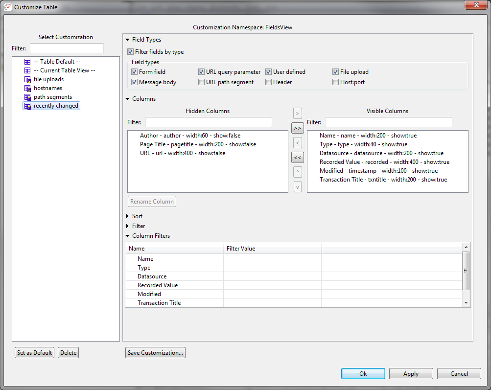 Fields View customization dialog