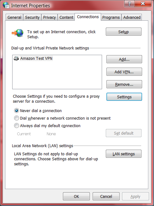 internet properties - connections