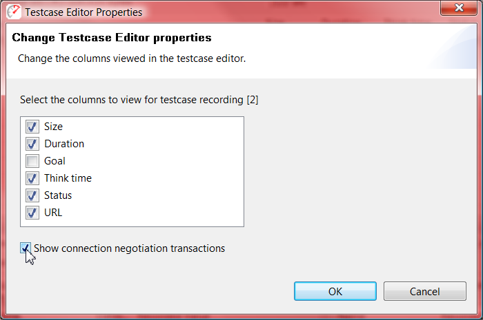 Enabling display of connection negotiation transactions in the testcase editor properties dialog